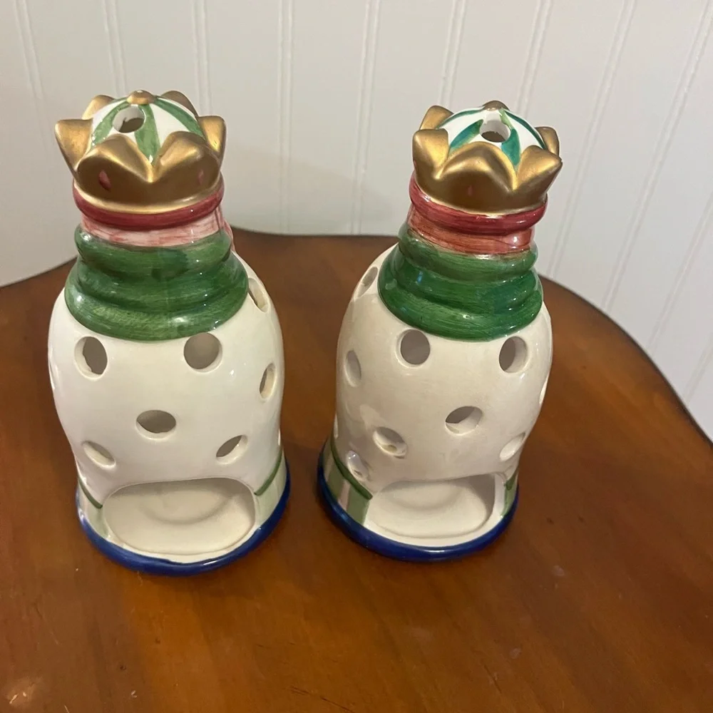 Two Vintage Ceramic King‎ Luminaries - Gold, Green, Red, Blue